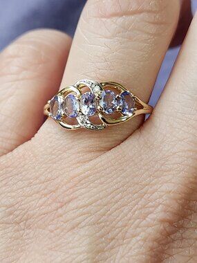 Queen VTG STS 14K Solid Gold Natural Tanzanite 5 Stone Diamond Accents Ring Sz 7